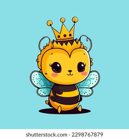 La abeja reina está usando una corona, una linda mascota para insectos, con un dibujo de dibujos planos