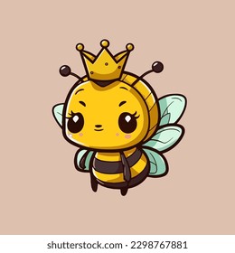 La abeja reina está usando una corona, una linda mascota para insectos, con un dibujo de dibujos planos