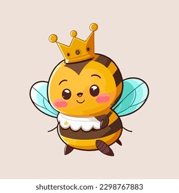 La abeja reina está usando una corona, una linda mascota para insectos, con un dibujo de dibujos planos