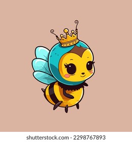 La abeja reina está usando una corona, una linda mascota para insectos, con un dibujo de dibujos planos