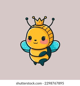 La abeja reina está usando una corona, una linda mascota para insectos, con un dibujo de dibujos planos