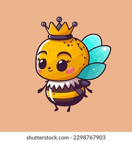 La abeja reina está usando una corona, una linda mascota para insectos, con un dibujo de dibujos planos