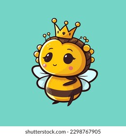 La abeja reina está usando una corona, una linda mascota para insectos, con un dibujo de dibujos planos