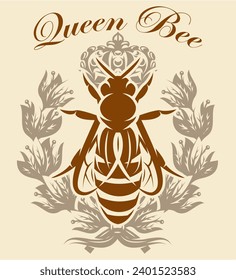 Queen bee with wreath and crown. Vector template ready for printing. Vintage Elements for design.