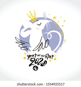 Queen big white rat with wings. Funny new year illustration for greeting card. Sketch of a cute Charming Rat 2020. Year of the Rat on the Chinese calendar.