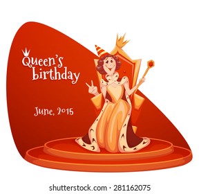 Queen birthday celebration. Queen sit on gold throne. Vector illustration.