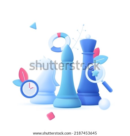 Queen, bishop, knight chess pieces, clock and magnifying glass. Concept of strategic business project planning and time management. Modern vector illustration in pseudo 3d style for banner, poster.