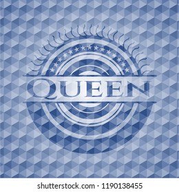Queen blue emblem or badge with geometric pattern background.