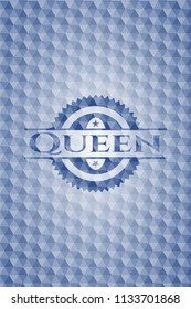 Queen blue emblem with geometric pattern background.