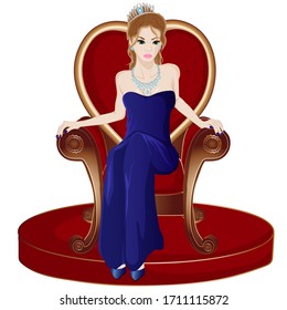 Queen in blue long dress sitting on a throne. Vectoe art