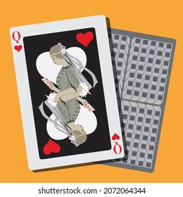 Queen card illustration (playing card) heart
front and back on a orange background for
 making poster website card Other designs