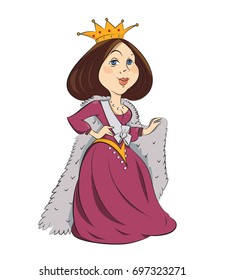 Queen cartoon hand drawn image. Original colorful artwork, comic childish style drawing.