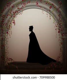 queen in the castle window entwined with red roses liana, lonely princess in castle, vector, secret place