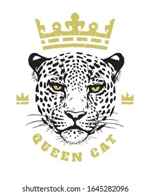 Queen cat. The crown and face of a leopard T-shirt print design.