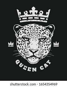 Queen cat. The crown and face of a leopard T-shirt print design on a dark background.