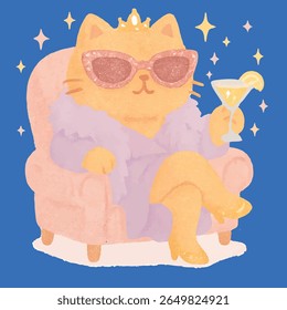 Queen Cat desfrutando de um coquetel ca diva Funny Beauty Cat Meme com Skincare Máscara e Glam Atitude
