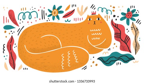 Queen cat flat hand drawn vector color illustration. Arrogant and playful kitten with plants, flowers clipart. Fat pet animal with crown. Scandinavian style drawing. Isolated cartoon character