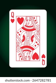 Personagem rainha, número de design 4, terno de Copas jogando cartão de poker, design de padrão clássico, forma de carta isolada no fundo verde da mesa de jogo, linha de traço editável, ilustração vetorial.