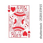 Queen character, Hearts suit playing card, vintage classic design, isolated on white, editable stroke line, vector illustration.