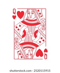 Queen character, Hearts suit playing card, vintage classic design, isolated on white, editable stroke line, vector illustration.