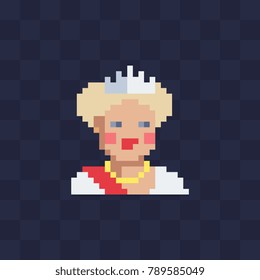 Queen character. Pixel art style. Sticker design. Isolated vector illustration.