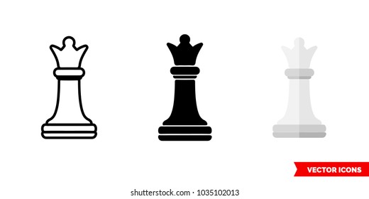 Queen chess icon of 3 types: color, black and white, outline. Isolated vector sign symbol.