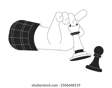 Queen chess piece defeating pawn cartoon human hand outline illustration. Queen checkmate 2D isolated black and white vector image. Board game. Business strategy flat monochromatic drawing clip art