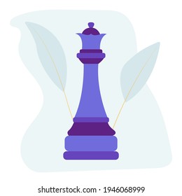 Queen chess piece. Vector flat colorful isolated illustration chessman. Abstract blue stain and leaves on background