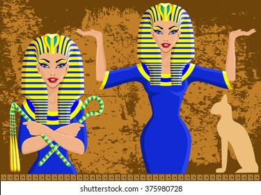 Queen Cleopatra of Egypt, on the stone background, in blue clothes, grace, cat pattern. style vector illustration