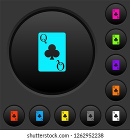 Queen of clubs card dark push buttons with vivid color icons on dark grey background