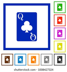 Queen of clubs card flat color icons in square frames on white background