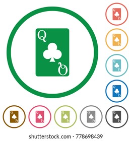 Queen of clubs card flat color icons in round outlines on white background