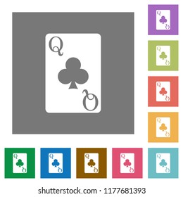 Queen of clubs card flat icons on simple color square backgrounds