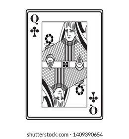 queen of clubs card icon cartoon black and white vector illustration graphic design