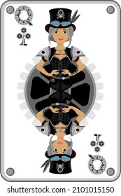 The Queen of clubs card in steampunk style. Vector illustration of board games.