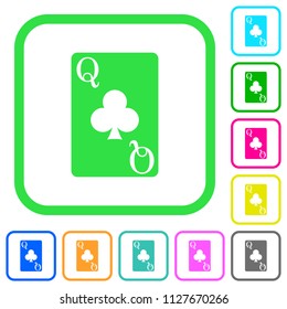 Queen of clubs card vivid colored flat icons in curved borders on white background