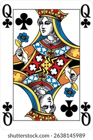 Queen of Clubs design from a new original deck of playing cards. Four pip left handed version with identifier in all four corners.