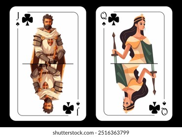 Queen of Clubs e Jack of Clubs, desenho original da carta de jogo em fundo preto. Design original de cartas de baralho. Ilustração vetorial