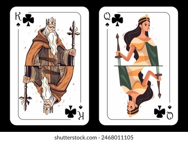 Queen of Clubs and King of Clubs, original playing card design on black background. Vector illustration