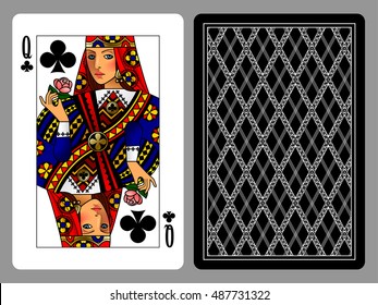 Queen Of Clubs Playing Card And The Backside Background. Colorful Original Design. Vector Illustration