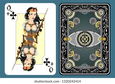 queen clubs playing card character games symbol ornamental steampunk