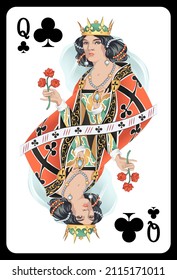 Queen of Clubs playing card - Colorful original design.