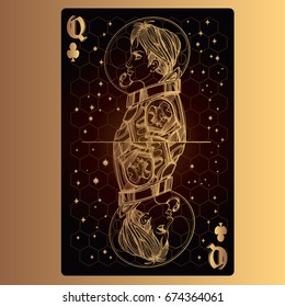 Queen of clubs. Playing card with original design on the theme of space.