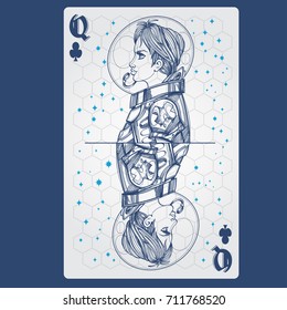 Queen of clubs. Playing card with original design on the theme of space.