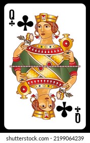 Queen of Clubs playing card - Slavic original design.