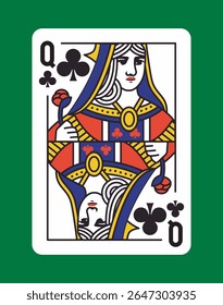 Queen of Clubs playing card with traditional decorative style, bold colors and symmetrical design on a green background. Concept of card games. Vector illustration