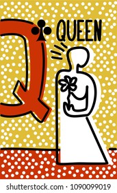 queen of clubs. Stylized Vector pop art style  playing card with graphic character of comic woman with flower.