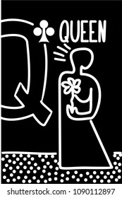 queen of clubs. Stylized Vector pop art style  playing card with graphic character of comic woman with flower.