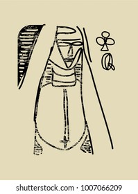queen of clubs. Stylized Vector Vintage style playing card . painted card with nun