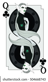 Queen of Clubs.Stylized Fashion Art. Grey Haired Amphibian Girl with Green Lips, Long Eyelashes. Vector Illustration. Modern Playing Card.